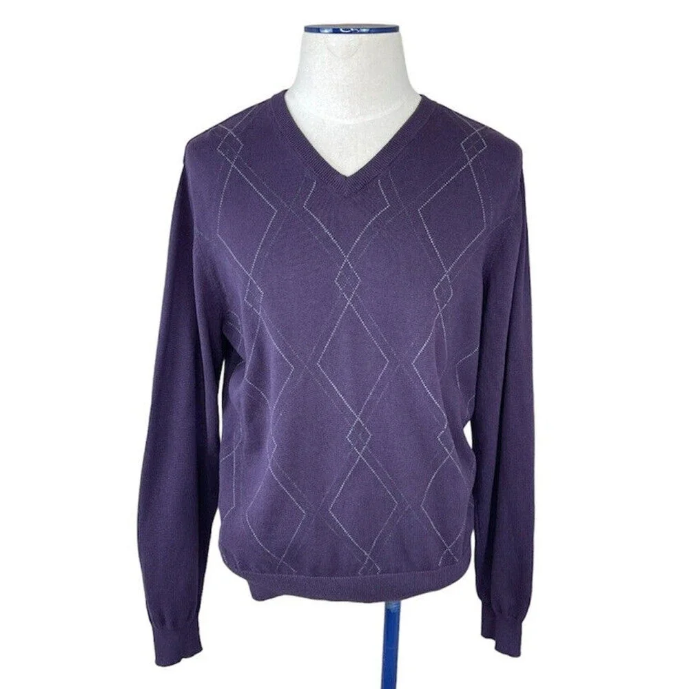 Van Heusen Men’s V Neck Sweater Argyle Purple Cotton Size Large